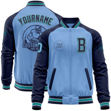 Laden Sie das Bild in den Galerie-Viewer, Custom Light Blue Teal Navy-Gray Bomber Varsity Letterman Two Tone Zipper Jacket