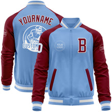 Laden Sie das Bild in den Galerie-Viewer, Custom Light Blue White-Crimson Bomber Varsity Letterman Two Tone Zipper Jacket
