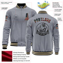 Charger l'image dans la galerie, Custom Gray Vintage USA Flag Black-Cream Bomber Varsity Letterman Zipper Jacket
