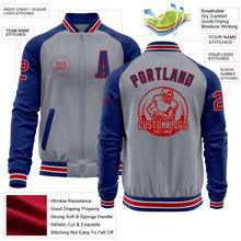 Laden Sie das Bild in den Galerie-Viewer, Custom Gray Red-Royal Bomber Varsity Letterman Two Tone Zipper Jacket