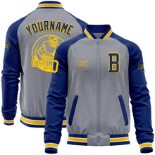 Charger l'image dans la galerie, Custom Gray Yellow-Royal Bomber Varsity Letterman Two Tone Zipper Jacket