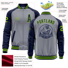 Laden Sie das Bild in den Galerie-Viewer, Custom Gray Neon Green-Navy Varsity Letterman Two Tone Zipper Jacket