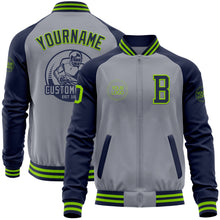 Laden Sie das Bild in den Galerie-Viewer, Custom Gray Neon Green-Navy Varsity Letterman Two Tone Zipper Jacket