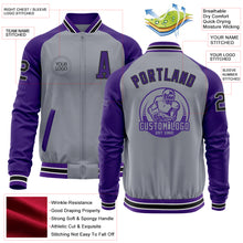 Laden Sie das Bild in den Galerie-Viewer, Custom Gray Black-Purple Varsity Letterman Two Tone Zipper Jacket