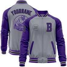 Laden Sie das Bild in den Galerie-Viewer, Custom Gray Black-Purple Varsity Letterman Two Tone Zipper Jacket