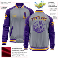 Laden Sie das Bild in den Galerie-Viewer, Custom Gray Gold-Purple Varsity Letterman Two Tone Zipper Jacket