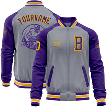 Laden Sie das Bild in den Galerie-Viewer, Custom Gray Gold-Purple Varsity Letterman Two Tone Zipper Jacket