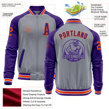 Загрузить изображение в средство просмотра галереи, Custom Gray Orange-Purple Varsity Letterman Two Tone Zipper Jacket