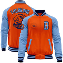 Laden Sie das Bild in den Galerie-Viewer, Custom Orange Navy-Light Blue Bomber Varsity Letterman Two Tone Zipper Jacket
