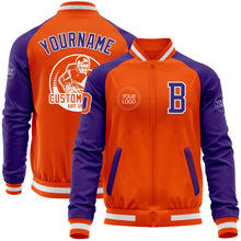 Laden Sie das Bild in den Galerie-Viewer, Custom Orange White-Purple Bomber Varsity Letterman Two Tone Zipper Jacket