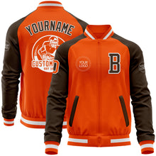Загрузить изображение в средство просмотра галереи, Custom Orange White-Brown Bomber Varsity Letterman Two Tone Zipper Jacket