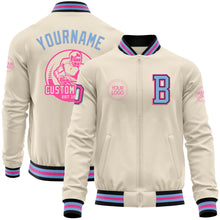 Laden Sie das Bild in den Galerie-Viewer, Custom Cream Pink Black-Light Blue Bomber Varsity Letterman Zipper Jacket