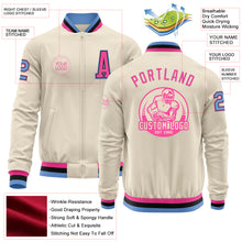 Laden Sie das Bild in den Galerie-Viewer, Custom Cream Light Blue Black-Pink Bomber Varsity Letterman Zipper Jacket