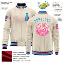 Laden Sie das Bild in den Galerie-Viewer, Custom Cream Pink Black-Sky Blue Bomber Varsity Letterman Zipper Jacket