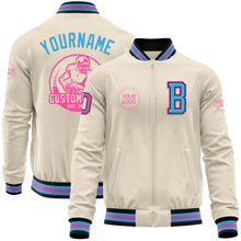 Laden Sie das Bild in den Galerie-Viewer, Custom Cream Pink Black-Sky Blue Bomber Varsity Letterman Zipper Jacket