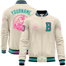 Charger l'image dans la galerie, Custom Cream Pink Black-Aqua Bomber Varsity Letterman Zipper Jacket