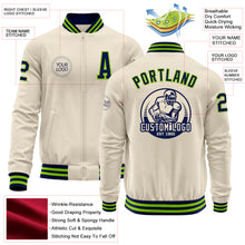 Laden Sie das Bild in den Galerie-Viewer, Custom Cream Navy-Neon Green Bomber Varsity Letterman Zipper Jacket
