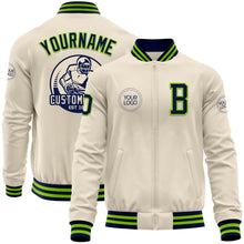 Laden Sie das Bild in den Galerie-Viewer, Custom Cream Navy-Neon Green Bomber Varsity Letterman Zipper Jacket
