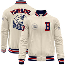 Laden Sie das Bild in den Galerie-Viewer, Custom Cream Navy Red-White Bomber Varsity Letterman Zipper Jacket