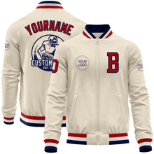 Laden Sie das Bild in den Galerie-Viewer, Custom Cream Red Navy-White Bomber Varsity Letterman Zipper Jacket