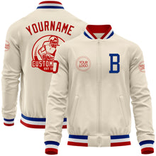 Laden Sie das Bild in den Galerie-Viewer, Custom Cream Red Royal-White Bomber Varsity Letterman Zipper Jacket