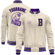 Charger l'image dans la galerie, Custom Cream Purple Black-White Bomber Varsity Letterman Zipper Jacket