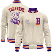 Laden Sie das Bild in den Galerie-Viewer, Custom Cream Purple Orange-White Bomber Varsity Letterman Zipper Jacket