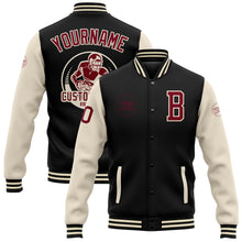 Laden Sie das Bild in den Galerie-Viewer, Custom Black Maroon-Cream Bomber Full-Snap Varsity Letterman Two Tone Jacket