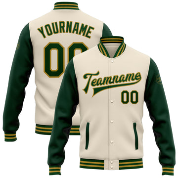 Custom Cream Green-Old Gold Bomber Full-Snap Varsity Letterman Two Tone Jacket