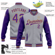Laden Sie das Bild in den Galerie-Viewer, Custom Gray Purple-Old Gold Bomber Full-Snap Varsity Letterman Two Tone Jacket
