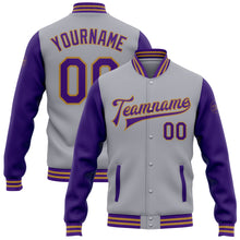 Laden Sie das Bild in den Galerie-Viewer, Custom Gray Purple-Old Gold Bomber Full-Snap Varsity Letterman Two Tone Jacket
