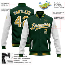 Load image into Gallery viewer, Custom Green Old Gold-White Bomber Full-Snap Varsity Letterman Two Tone Jacket