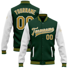 Load image into Gallery viewer, Custom Green Old Gold-White Bomber Full-Snap Varsity Letterman Two Tone Jacket
