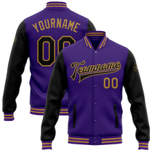 Laden Sie das Bild in den Galerie-Viewer, Custom Purple Black-Old Gold Bomber Full-Snap Varsity Letterman Two Tone Jacket