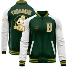 Load image into Gallery viewer, Custom Green Old Gold-White Bomber Varsity Letterman Two Tone Zipper Jacket