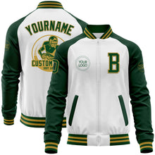 Load image into Gallery viewer, Custom White Green-Old Gold Bomber Varsity Letterman Two Tone Zipper Jacket