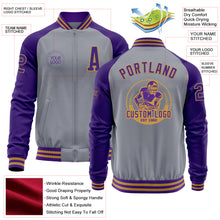 Laden Sie das Bild in den Galerie-Viewer, Custom Gray Purple-Old Gold Bomber Varsity Letterman Two Tone Zipper Jacket