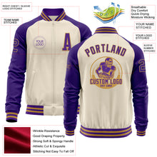 Laden Sie das Bild in den Galerie-Viewer, Custom Cream Purple-Old Gold Bomber Varsity Letterman Two Tone Zipper Jacket