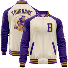 Laden Sie das Bild in den Galerie-Viewer, Custom Cream Purple-Old Gold Bomber Varsity Letterman Two Tone Zipper Jacket