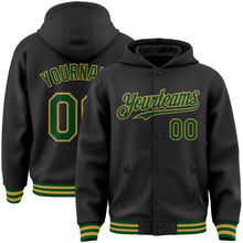 Laden Sie das Bild in den Galerie-Viewer, Custom Black Green-Old Gold Bomber Full-Snap Varsity Letterman Hoodie Jacket