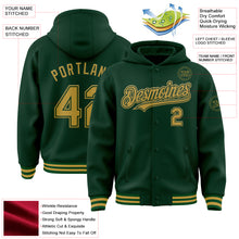 Загрузить изображение в средство просмотра галереи, Custom Green Old Gold Bomber Full-Snap Varsity Letterman Hoodie Jacket