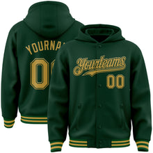 Загрузить изображение в средство просмотра галереи, Custom Green Old Gold Bomber Full-Snap Varsity Letterman Hoodie Jacket