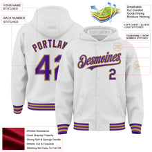 Загрузить изображение в средство просмотра галереи, Custom White Purple-Old Gold Bomber Full-Snap Varsity Letterman Hoodie Jacket