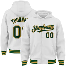 Загрузить изображение в средство просмотра галереи, Custom White Green-Old Gold Bomber Full-Snap Varsity Letterman Hoodie Jacket