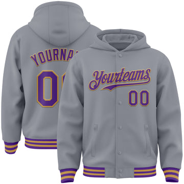 Custom Gray Purple-Old Gold Bomber Full-Snap Varsity Letterman Hoodie Jacket