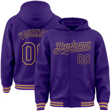 Загрузить изображение в средство просмотра галереи, Custom Purple Old Gold Bomber Full-Snap Varsity Letterman Hoodie Jacket