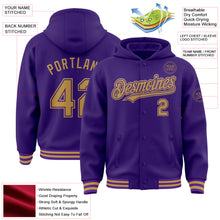 Загрузить изображение в средство просмотра галереи, Custom Purple Old Gold Bomber Full-Snap Varsity Letterman Hoodie Jacket