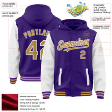 Загрузить изображение в средство просмотра галереи, Custom Purple Old Gold-White Bomber Full-Snap Varsity Letterman Two Tone Hoodie Jacket