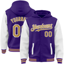Загрузить изображение в средство просмотра галереи, Custom Purple Old Gold-White Bomber Full-Snap Varsity Letterman Two Tone Hoodie Jacket