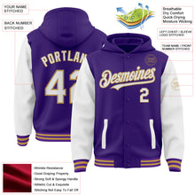 Загрузить изображение в средство просмотра галереи, Custom Purple White-Old Gold Bomber Full-Snap Varsity Letterman Two Tone Hoodie Jacket